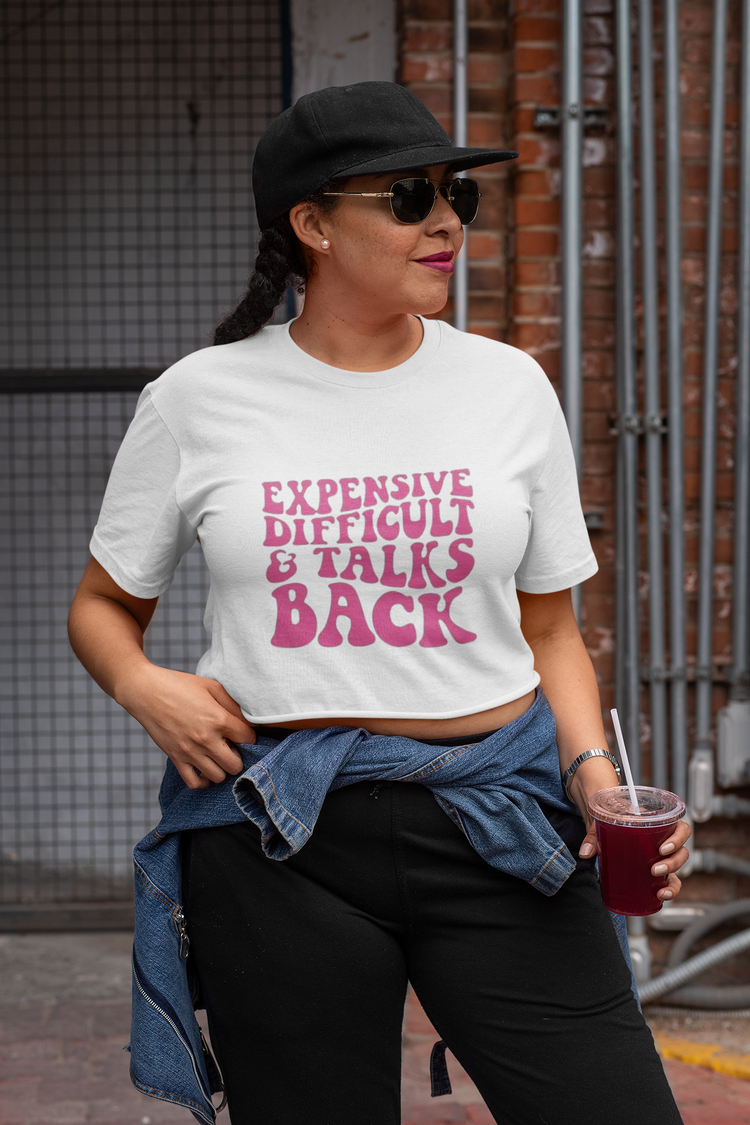 EDTB GRAPHIC crop top in heather color with relaxed fit and ribbed crew neck made from soft cotton fabric