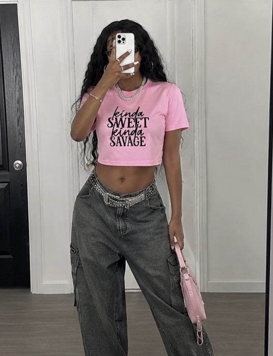 KINDA SWEET KINDA SAVAGE GRAPHIC CROP TOP Product